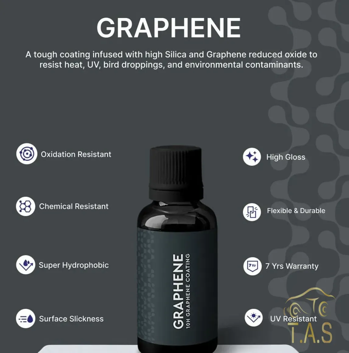 Graphene coating features — gloss, easy maintenance, self-healing option, and long-term finish care | T.A.S Detailing Studio